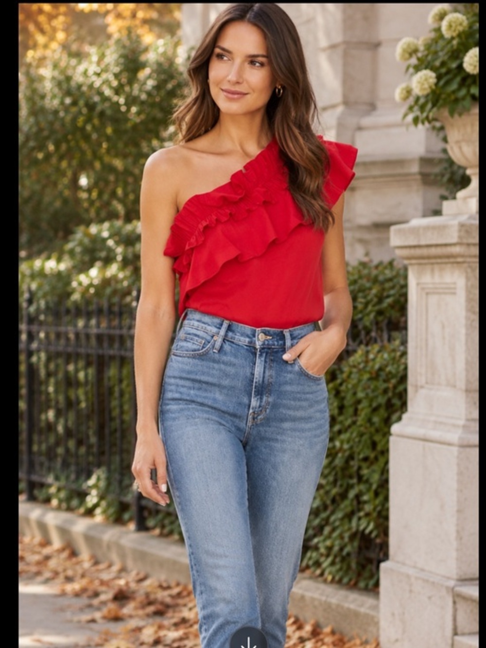SALONI One Shoulder ruffle blouse cotton red